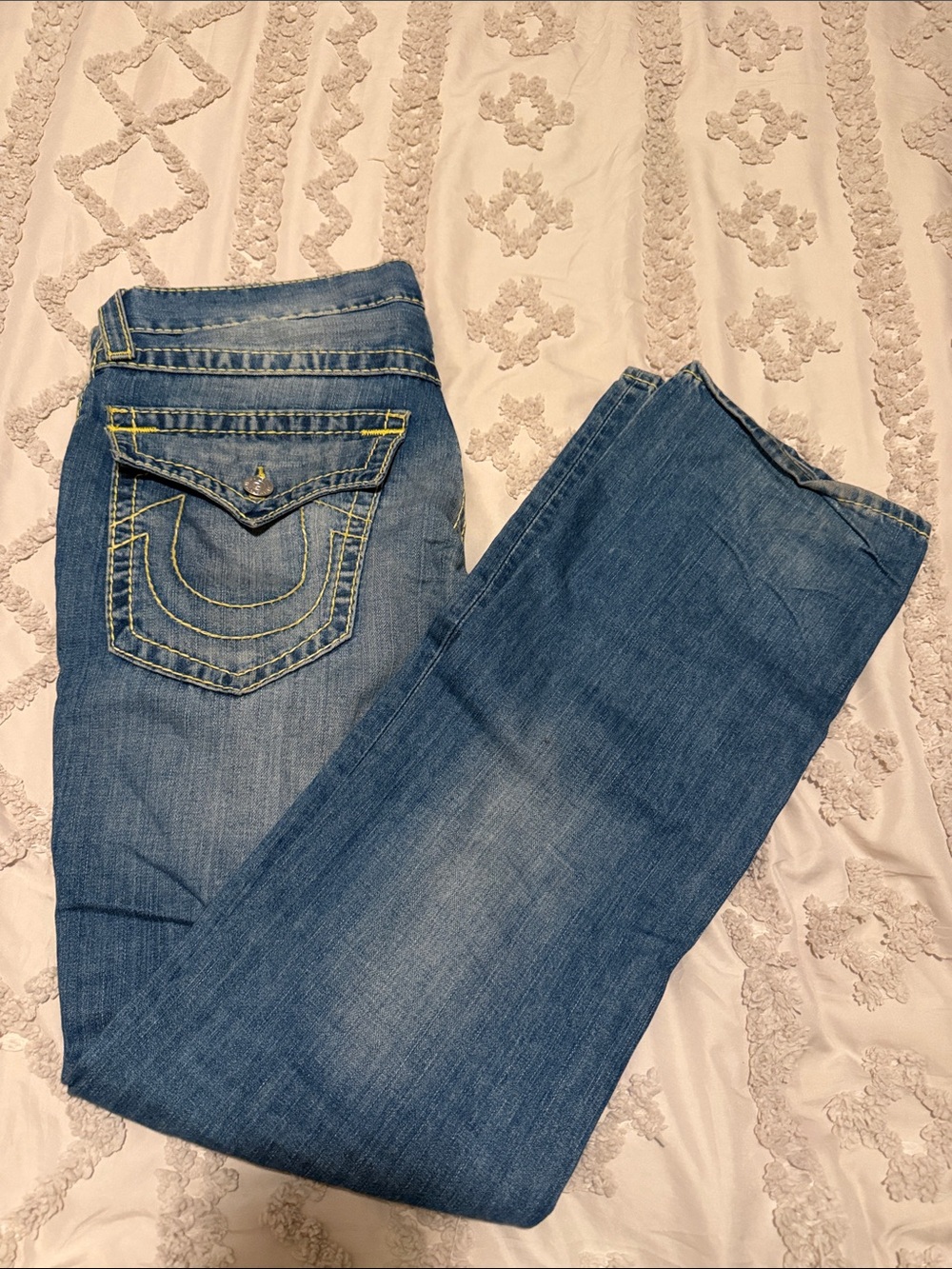 True Religion Womens Blue Boot Cut Jeans with Yellow Contrast Stitching